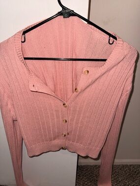 Pink Ribbed Button-Up Cropped Cardigan